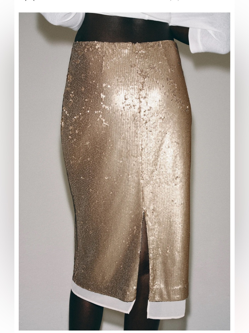 Zara NWT ZW COLLECTION beige light taupe muted Metallic Sequin Midi Skirt - Picture 7 of 9